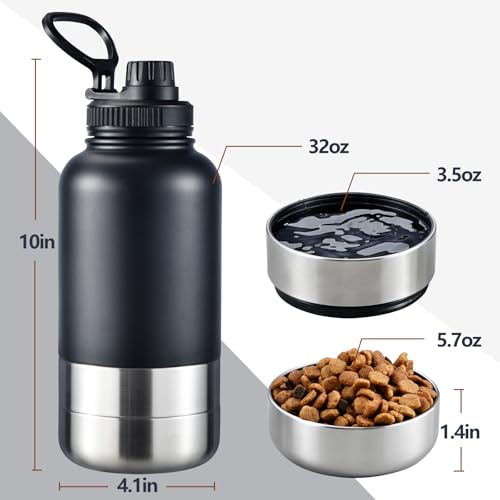 Cibaabo Insulated Dog Water Bottle 32oz Keep Water Cool with 2 Bowls | Travel Feeding & Hydration | Stainless Steel Double Wall Thermos | Portable Pet Dispenser | for Dog & Owner | Hiking Beach - color: Slate Gray
