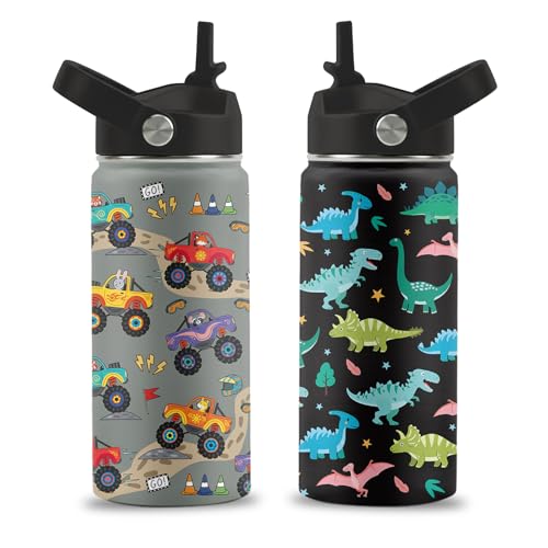 16 oz Water Bottle with Straw Lid, 2 Pack Set, Truck Dinosaur Gifts for Boys Girls, Stainless Steel Insulated Water Bottles for School Travel Outdoor Sports, Truck Dinosaur Cup Birthday Gifts - color: Trucks and Dinosaurs