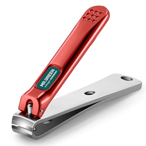 MR.GREEN Nail Clippers Curved Blades Fingernail Cutter Nippers Manicure Scissors Stainless Steel Pedicure Tools with Nail Flies (Medium-Red) - color: Medium-red