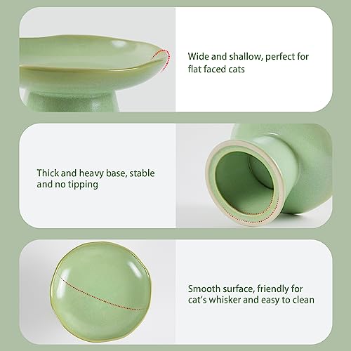 Wide Shallow 6.1" Raised Cat Bowls, Ceramic Elevated Food Bowl for Flat Faced Cats and Small Dogs, Porcelain Feeder Bowl, Stress Free, Protect Cat’s Spine, Green - color: Green-Shallow