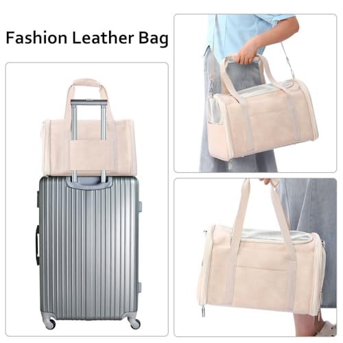 Fashion Dog Carrier Pet Carrier Airline Approved Cat Carrier for Small Dogs Cats Under 15 Lbs, Vegan Leather Collapsible Soft Sided Travel Puppy Carrier - color: Off-White