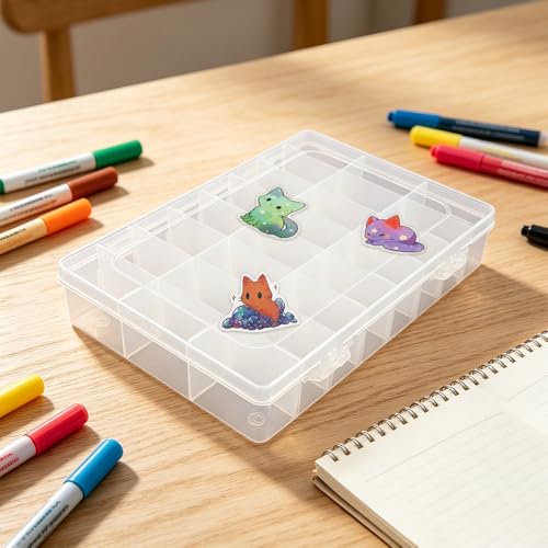 OALCQ Plastic Organizer Box, 100 PCS Cute Cat Stickers, 24 Grid Storage Container for Beads & Craft, Clear Tackle Case for Jewelry Making, Sewing, Bolts, Accessories - style: cat