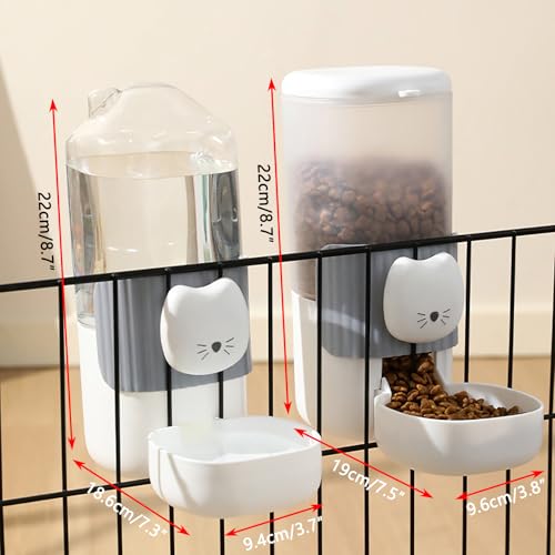 Automatic Rabbit Feeder and Water Dispenser Set,54oz Gravity Food Feeder&17oz Leak-Proof Water Bottle for Guinea Pigs,Small Animals,Chinchillas,Ferrets,Cage Mount Feeding Station（Cat Head）