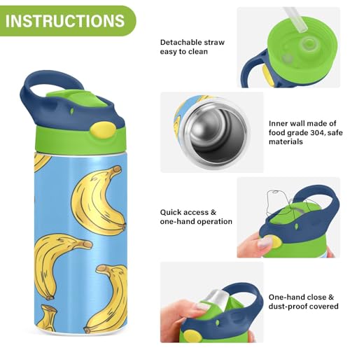 OTVEE Banana Kids Water Bottle with Straw Lid 12 oz Insulated Stainless Steel Leakproof Duck Mouth Tumbler Cup for Boys Girls Teen School - color: Banana