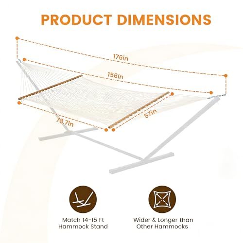 Lazy Daze 13 Ft Double Handwoven Polyester Rope Hammock with Tree Straps | Mesh Hammock for 2 Person, with Spreader Bar, Carabiners, Chains for Outside, Backyard, Patio, 450 Lbs Capacity - color: Natural