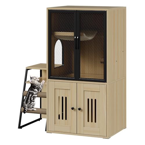 TrailBlaze Litter Box Enclosure with Platform, Double Layer Hidden Furniture, Modern Villa Cat Cabinet with Ladder, Hammock & Metal Mesh Door, Indoor Washroom Cat House-Burlywood - color: Burlywood