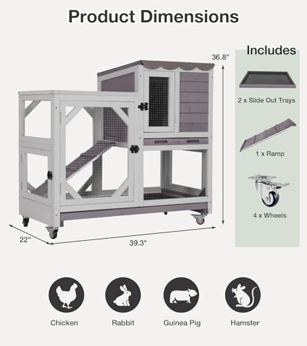 Rabbit Hutch 2-Story Wooden Bunny Cage with 2 Leak-Proof Sliding Trays, Chew-Proof Metal Mesh, Rainproof Cover, Indoor & Outdoor Guinea Pig House with Wheels - Grey - color: 39"L Grey
