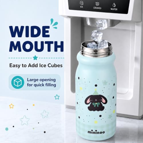 Mininoo 18oz Insulated Stainless Steel Kids Water Bottle for School, Bunny | 2-in-1 Straw & Spout Lid, Leak-Proof, BPA-Free, for Girls & Boys, Blue - color: 18oz Light Blue-Bunny