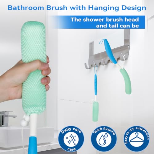 Back Scrubber for Shower,15.35"Curved Body Brush with Anti Slip Long Handle | Long Back Scrubber for Men & Women, Skin Exfoliating Curved Back Scrub Brush, Removable Long Handle Mesh Sponge Back Washer - size: Blue+Green Handle (YS0125)