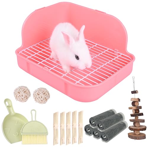 RUBYHOME Rabbit Litter Box Toilet, Plastic Square Cage Box Potty Trainer Corner Litter Bedding Box Pet Pan for Small Animals, Rabbits, Guinea Pigs, Chinchilla, Ferret, Galesaur, 11.4 Inches (Pink) - color: Pink