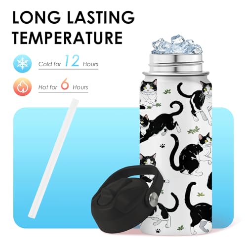 Girls Water Bottle, 16oz Black Cat Insulated Water Bottle with Straw (1pc) | BPA-Free, Leak Proof, Stainless Steel, with Handle, Kids Water Bottle for School, Boys, Travel, Cats Lovers Gifts Cup - color: Cow Cat, size: 16 Ounces