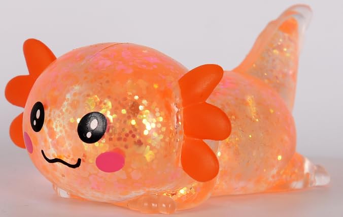 3.94 in Orange Glitter Crawling Axolotl Squishy Slow Rising | Soft TPR, Floating Glitter, squeeze toy, busy hands, stress relief, focus support, home, class, travel, kids and adults - color: Orange