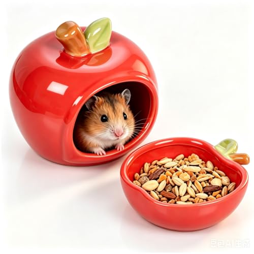 Ceramic Hamster Hideout & Food Bowl Set, Red | Apple-Shaped, Chew-Proof Sleeping Cave, Cooling Shelter Function, 2.9-inch Entrance, For Syrian Dwarf Hamsters, Mice - color: Red
