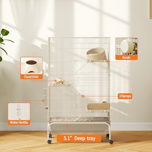 Garvee Ferret Cage, 47" h Large Nation Cage with 3 Removable Ramps, Food Bowl, Water Bottle, Metal Small Animal Cages on Wheels for Chinchillas, Guinea Pigs, Rabbit, Sugar Glider