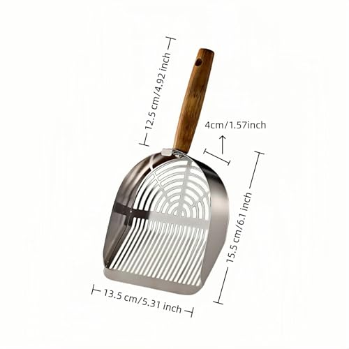 Premium Stainless Steel Cat Litter Scoop-Triple Guard Walls&Non-Stick Design,Silver,Flat Shovel Head Design Solid Deep Edge Wood Handle,Dual Hooks 1Pack,6.1x5.3inch (Silver long strip) (Silver) - color: Silver