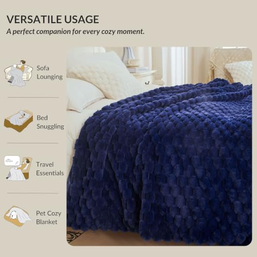 XeGe Luxury Bubble Fluffy Faux Rabbit Fur Bed Blanket King Size, Navy Blue | 104"x90", Double-Sided, Hypoallergenic, No-Shed, Washable, Warm Furry Blanket for Master Bedroom, Couples & Family Snuggling - color: Navy Blue, size: King (104" X 90")