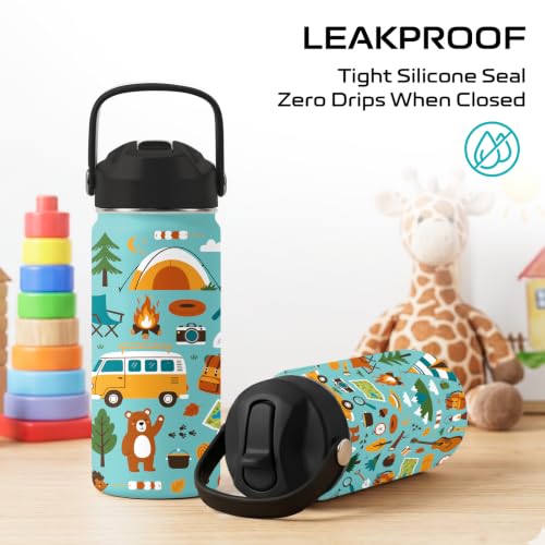 Camping 16 oz Water Bottle with Straw – Kids Stainless Steel Vacuum Insulated Cup, Leakproof Straw Lid, Reusable Travel Mug for Outdoor Sports - color: Camping1
