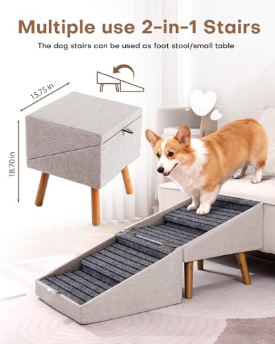 Split Ottoman Dog Ramp for Couch and Bed,17.13" H Dog Stairs for Small Dogs and Cats, Foldable 2 in 1 Pet Steps for Medium Large Dogs and Puppy, Non-Slip Wooden Doggie Steps - size: 17.13" H- Apricot