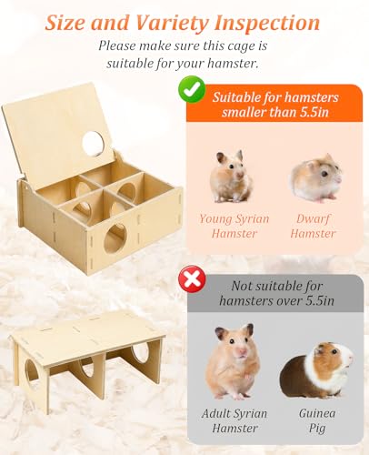 4-Piece Wooden Hamster Hideout Set, Multi-Chamber Maze House, Hideout-Tunnel & Climbing Ladder, Wood Cage Accessories for Dwarf Hamsters & Mice