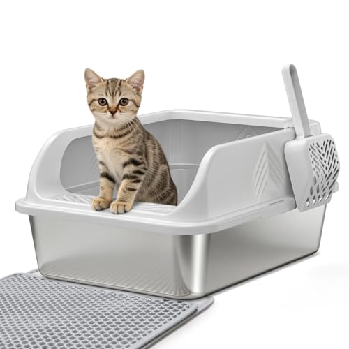 Stainless Steel Litter Box with Lid, Enclosed Metal Cat Litter Box with Built-in Carry Handle & 120° Flip-Top (Silver Gray, Small) - color: Silver Gray, size: Small