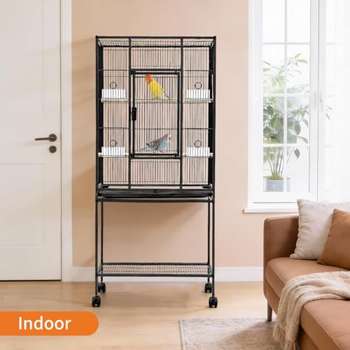 Spacious Flight Bird Cage with Rolling Stand & Storage Shelf - Durable Wrought Iron Parrot Home - Easy Clean, Ideal for Parakeets, Cockatiels, Conures, Lovebirds, Cockatoos - size: 34.1"L x 24.6"W x 4.7"H