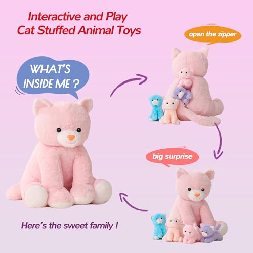 Vposyako 5 Pieces Cat Stuffed Animals for Girls, 1 Mommy Cat with 4 Babies, Soft Plush Cat Toy Set for Kids 3-9, Gifts for Christmas, Birthday, Children's Day, Valentine's - style: Cat