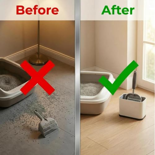 Heavy Duty Cat Litter Scoop with Holder, Stainless Steel Kitty Litter Scooper Caddy for Litter Box, Full Metal Speed Sifter Captures All Clumps, Easy to Clean - color: White