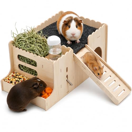 Large Guinea Pig Hideout, Hamster Hideout, with ramp, Easy to Assemble, Sturdy Wooden Small Animal Bed Platform, with Water Bottle, Granary, Used for Small Animal House Habitat or Hamster Hideout - color: Feeder