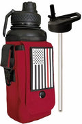 Iron Infidel Battle Bottle - 32 Oz Insulated Water Bottle with Straw Lid & Chug Cap, Stainless Steel Metal Flask Includes Rugged, Removable Sleeve for Keys, Wallet, & Phone (Thin Red Line 1 Liter) - color: 32oz - Red Line, size: 32 Ounces