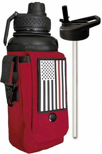Iron Infidel Battle Bottle - 32 Oz Insulated Water Bottle with Straw Lid & Chug Cap, Stainless Steel Metal Flask Includes Rugged, Removable Sleeve for Keys, Wallet, & Phone (Thin Red Line 1 Liter) - color: 32oz - Red Line, size: 32 Ounces