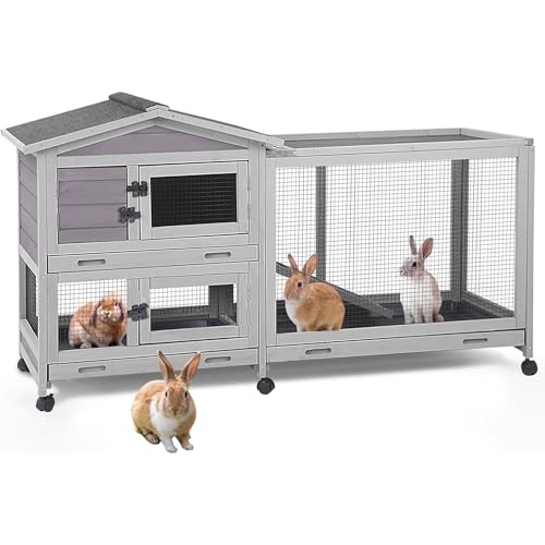 Aivituvin Rabbit Hutch Indoor 2 Story Bunny Cage Outdoor Guinea Pig Cage with Caster Wheels Chicken Coop with Run, 3 Pull Out Tray Grey - color: Grey