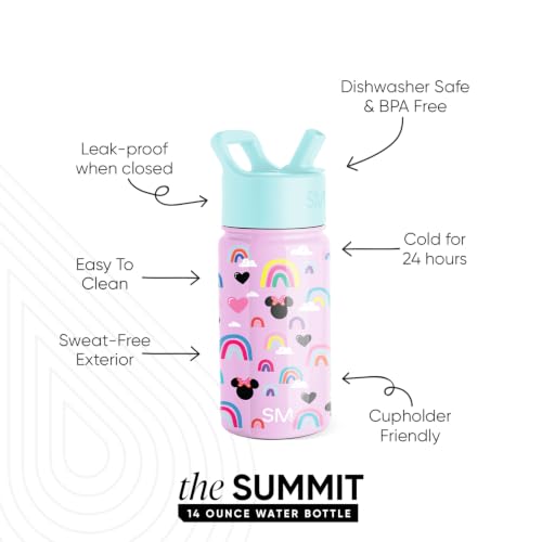 Simple Modern Disney Minnie Mouse Kids Water Bottle & Toddler Cup | 14oz | Insulated Stainless Steel Minnie Mouse Toddler Water Bottle, Kids Tumbler with Straw | Spill Proof for School, Girls, Boys - color: Disney-Minnie Mouse Purple Rainbows, size: 14 Ou
