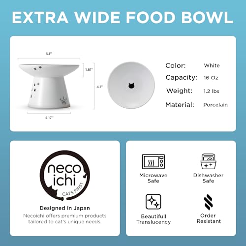 Necoichi Ceramic Extra-Wide Elevated Cat Food Bowl (Cat, Extra Wide) - color: Cat, size: Large Extra Wide