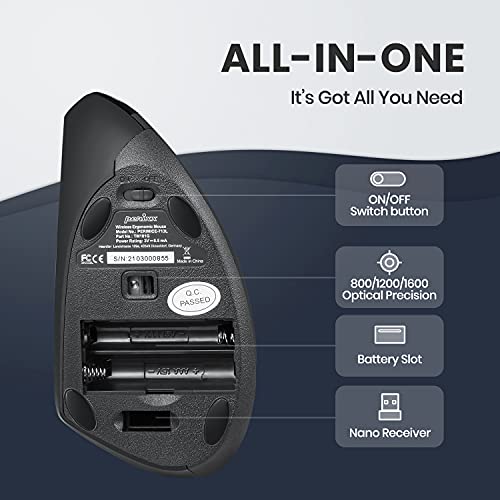 Perixx PERIMICE-713L, Wireless Ergonomic Left Handed Vertical Mouse, 6 Buttons Design, 3 Level DPI, Black, Medium - style: Wireless