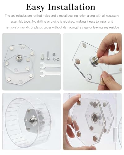 Strong Magnet Running Wheel Support for Hamster Cage,No Drill Installation | Hexagonal Acrylic Sheet, Adjustable Stand, Universal Fit for Small Animals Cage