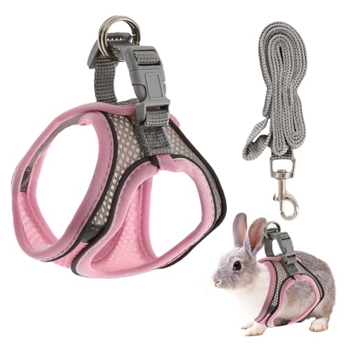 Rabbit Harness and Leash Set, Breathable Pet Vest, Bunny Harness with Reflective Strips, Soft Mesh for Small Kitten, Puppy, Rabbit and Small Animals(Pink)