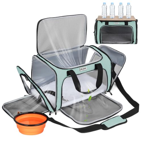 Pet Carrier for Cats & Small Dogs, Travel Carrier with Anti-Collapse Support, Chew Resistant Buckles, Luggage Sleeve, Multi-Pocket Storage, Reversible Mat & Bowl (Green, Medium (17.5"x11"x11.5")) - color: Green