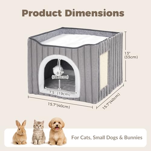 Avont 3-in-1 Cat Cave Bed for Indoor Cats with Scratch Pad | Scratch Pad & Hanging Ball, Large Hideaway for up to 20 LBS, Washable Cushion, Foldable Design, Available in Grey & Cream - color: Grey