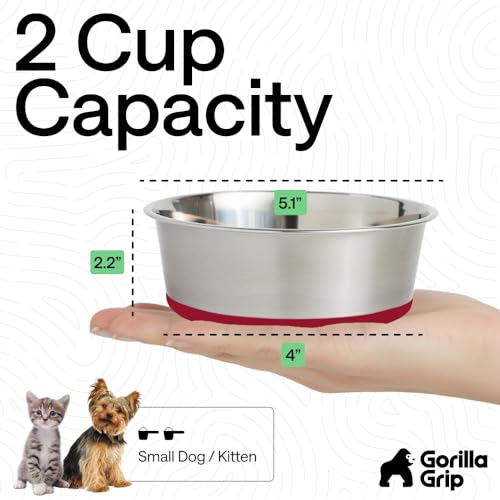 GORILLA GRIP Dog Bowl, Holds 2 Cups (16 fl oz), Food Grade 304 Stainless Steel Food and Water Bowl for Feeding Dogs and Cats, BPA Free Rubber Base, Easy Clean, Dishwasher Safe, Rust Resistant, Red - color: Red, size: 2 Cup (16 Oz)