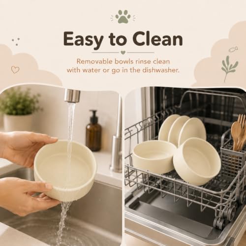 Havniva Raised Cat Bowl 5.1” Elevated Ceramic Cat Food and Water Bowl Set | Cat Bowls Elevated, Whisker Friendly Cat Bowl, Non-Slip Wood Stand, Food-Grade Ceramic, Wide Opening, Dishwasher Safe - color: 2 x Bowl + Stand - Light Yellow, size: 5.1inch