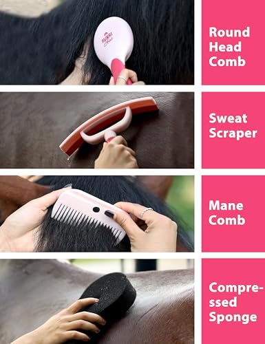 Horse Grooming Kit, 9 Piece Grooming Brush Set with Silicone Curry Comb for Bathing & Shedding Pink Garnet - color: Pink Garnet