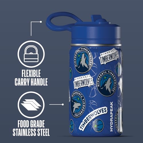 Hydrapeak NBA Officially Licensed Minnesota Timberwolves Mini 14oz Kids Stainless Steel Water Bottle with Straw Lid & Flexible Handle, Double Wall Insulated, Spill Proof, Perfect for Back to School - color: Minnesota Timberwolves