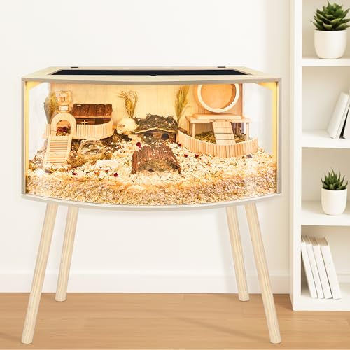 Prolee Hamster Cage with Curved Design,Chew Proof Wooden Hamsters Enclosure with Leg Stand and Openable Top or Gerbils,Hamster Habitat - size: 32.0"L x 16.0"W x 16.0"H