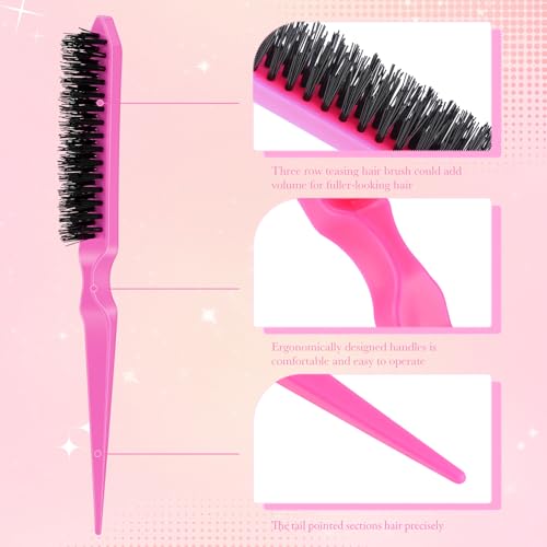 Yaomiao 6 Pcs Teasing Brush Set, 3 Row Nylon Rat Tail Combs for Fine Hair, Back Combing, Root Lifting, Scalp Massage, Hair Brushes for Women Salon Home Use(Pink) - color: Pink