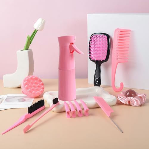 12 Pcs Hair Brush Set with Hair Spray Bottle for Toddlers, Women, Detangling Brush for Wet Dry Curly Hair, Edge Bristles Wide Tooth Rat Tail Combs for Baby Girls (pink) - color: Pink