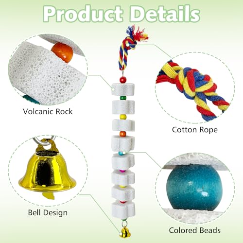 3 Pack Parrot Chewing Toys,Lava Calcium Bird Beak Grinding Stone with Bell Hanging Parakeet Cage Accessories for Parrot Budgies Hamster Chinchilla Rabbit African Grey - color: White