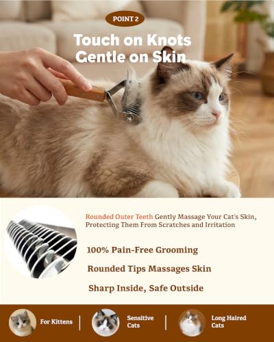 2-in-1 Cat Grooming Brush for Dematting & Deshedding | Cat Brushes for Indoor & Long Haired Cats - Professional Undercoat Rake, Safe Detangles Matted Fur & Removes Loose Fur