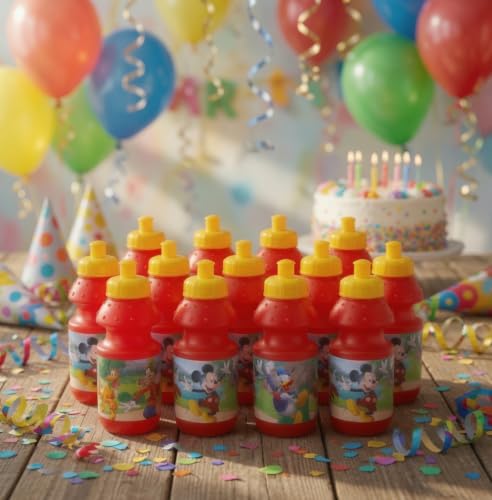 Mickey Mouse Water Bottles for Kids Party Favors School - 12 Pack Bundle | Mickey 11 Oz Bulk Reusable Water Bottles w Pull-Top Lids, Plus Stickers, MORE | Mickey Mouse Birthday Party Supplies for Kids