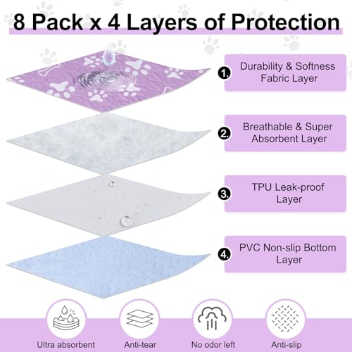 BEAUTYZOO 8 Pack Washable Pee Pads for Dogs, Reusable Puppy Pads for Potty Training, Waterproof Super Absorbent Whelping Pads Mats Non Slip Against Urine for Small Medium Dogs Cats, 18" x 24" - color: Purple, size: 18 X 24 Inch (Pack of 8)