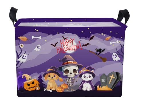 Purple Spooky Night Halloween Basket with Kitten Puppy Ghost Prints,Trick or Treat Storage basket for Gifts and Party Stuffers(Kitten Puppy Skeleton) - color: Kitten Puppy Skeleton